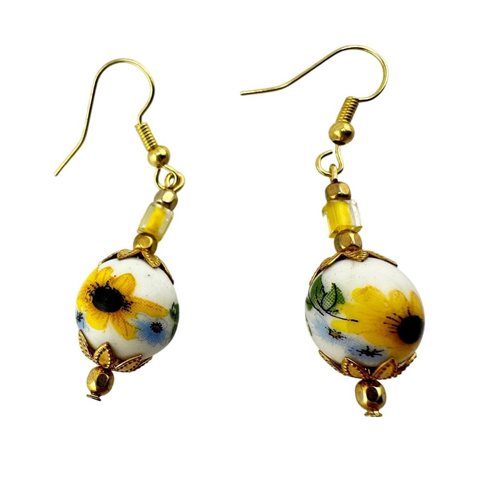 Vintage Upcycled Handmade Sunflower Astor Glass Beaded Dangle 1.75" Earrings